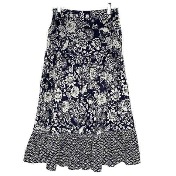 Luna Moon L  NEW A Line Midi Floral Skirt Navy White Ruffle Eyelet Trim - Picture 1 of 8